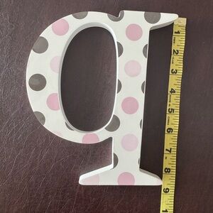 NWOT White lowercase Q with pink and chocolate polka dots